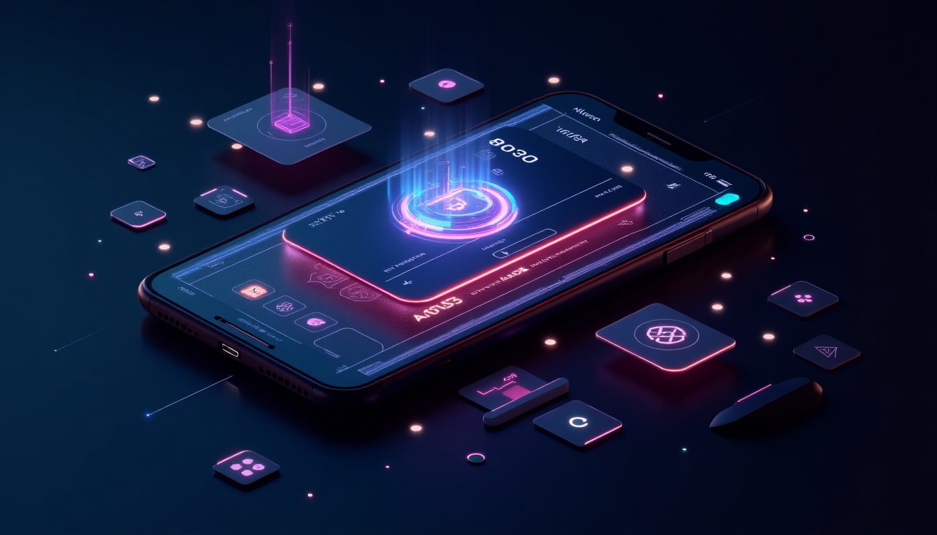 Screenshot of NeonWallet app — a futuristic crypto wallet with interactive 3D cards, glowing button accents, and sci-fi motifs.