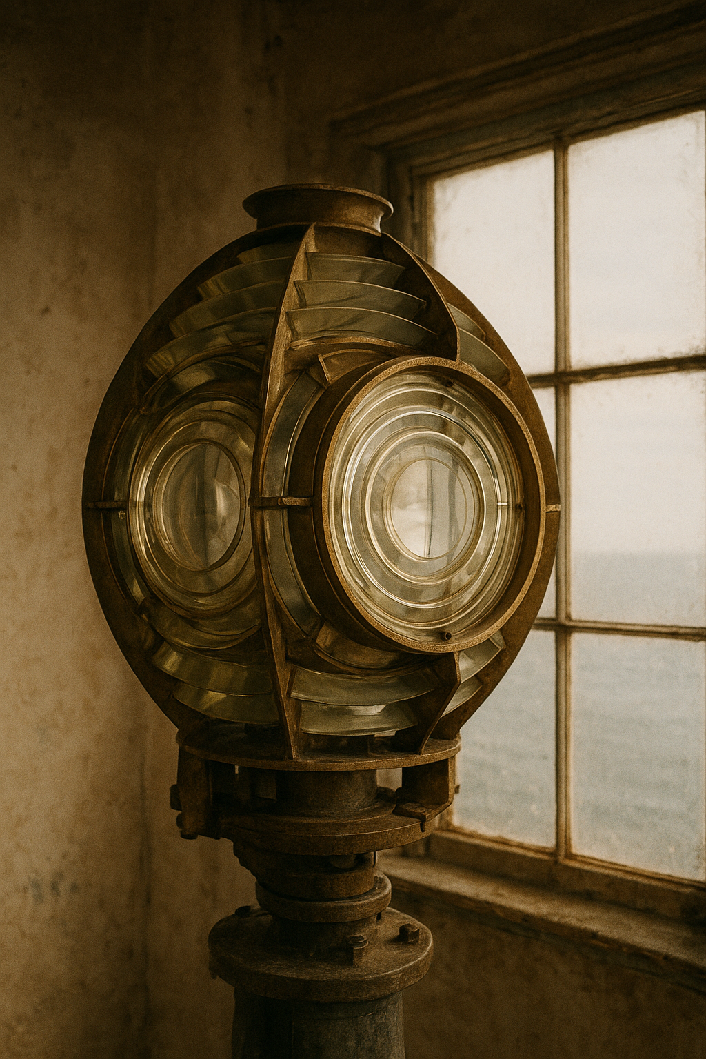 Archival-style close view of a brass lighthouse Fresnel lens assembly with weathered metal and coastal window light