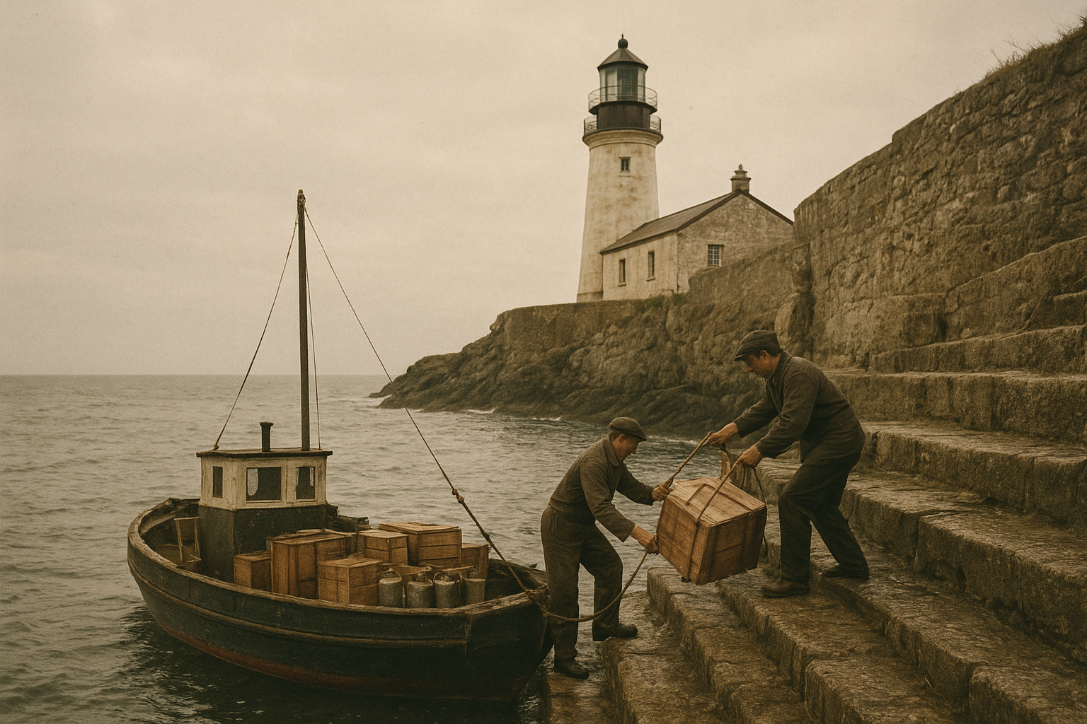 Small supply boat unloading crates of lamp oil and provisions at a rough stone harbor below a lighthouse