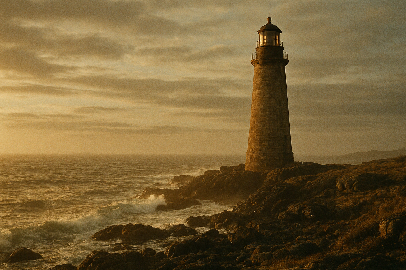 Weathered lighthouse on a rugged northern shoreline at golden dusk, rendered in warm film-photography style