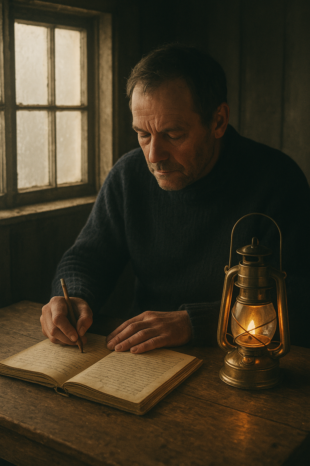 Archival-style photograph of a lighthouse keeper writing in a logbook beside a brass lantern during early dawn light