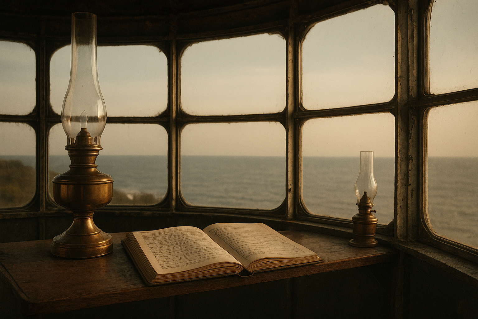 Glass lantern room with brass oil lamps, keeper logbook open on a narrow wooden shelf