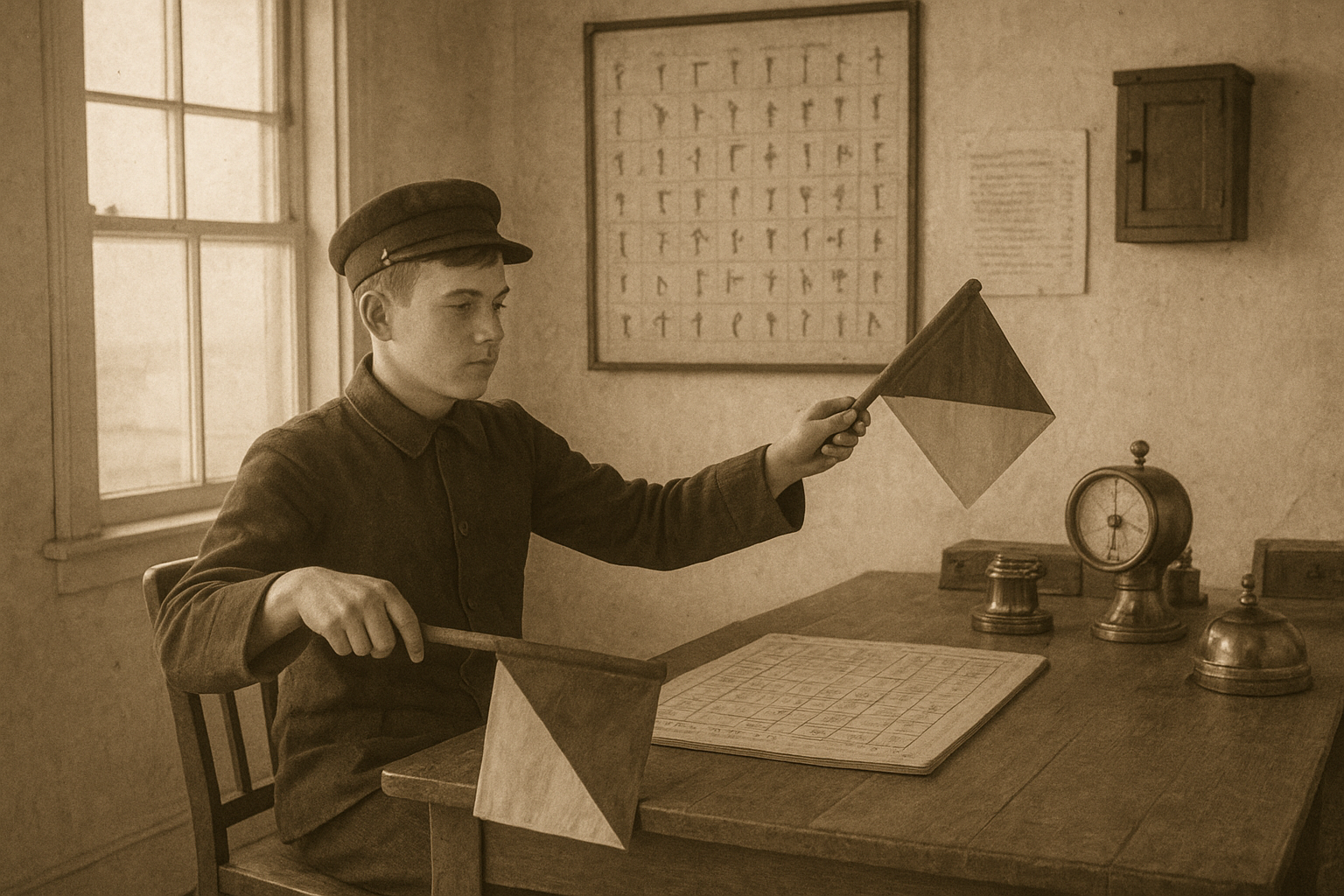 Young assistant keeper seated at a signal bench with semaphore flags and polished brass instruments