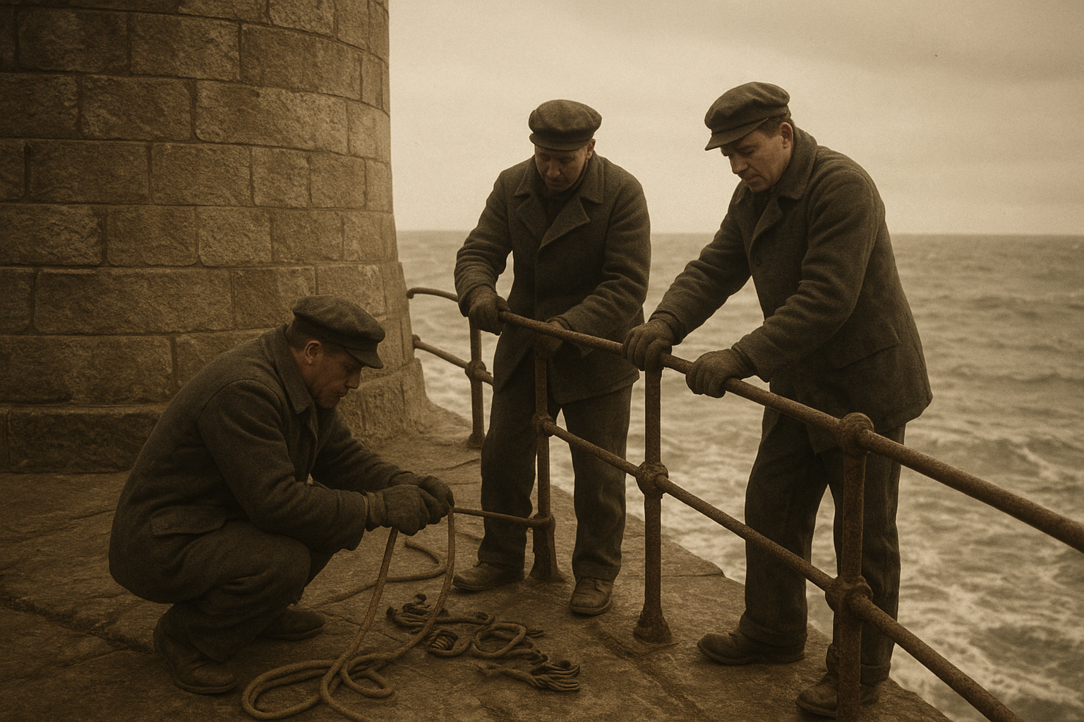 Three lighthouse workers in heavy wool coats repairing storm-damaged railings beside a stone tower