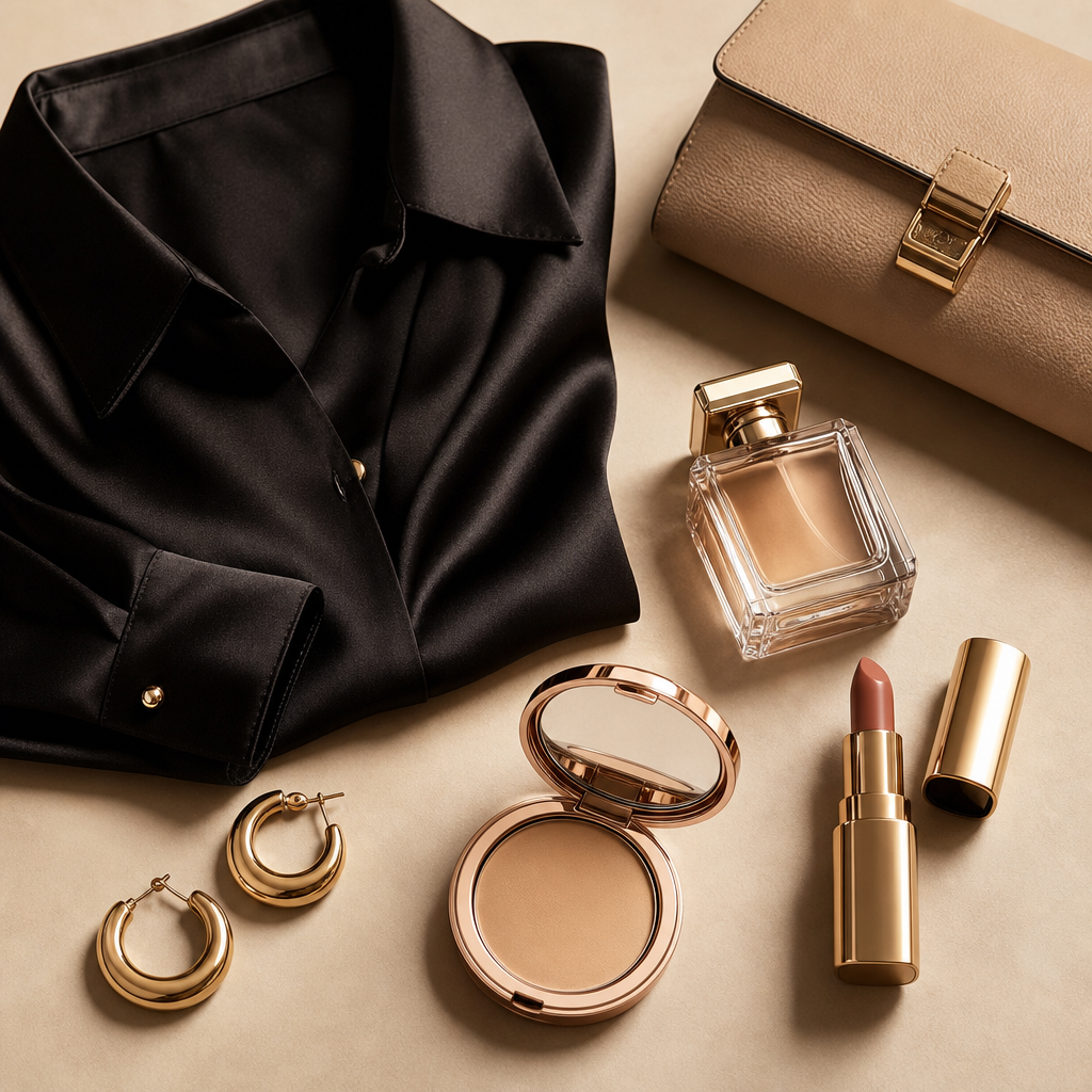 Editorial flat lay of luxury fashion and beauty pieces
