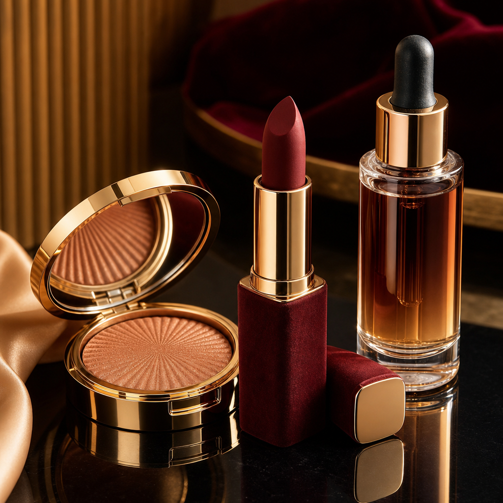 A premium cosmetics arrangement with a gold compact, velvet lipstick, and glossy serum bottle on a reflective surface.