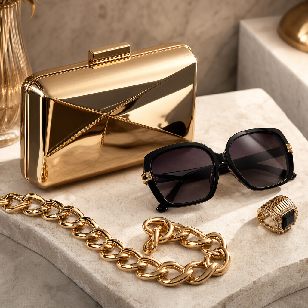 Trendy accessories assortment featuring a metallic clutch, oversized sunglasses, and a chunky gold chain