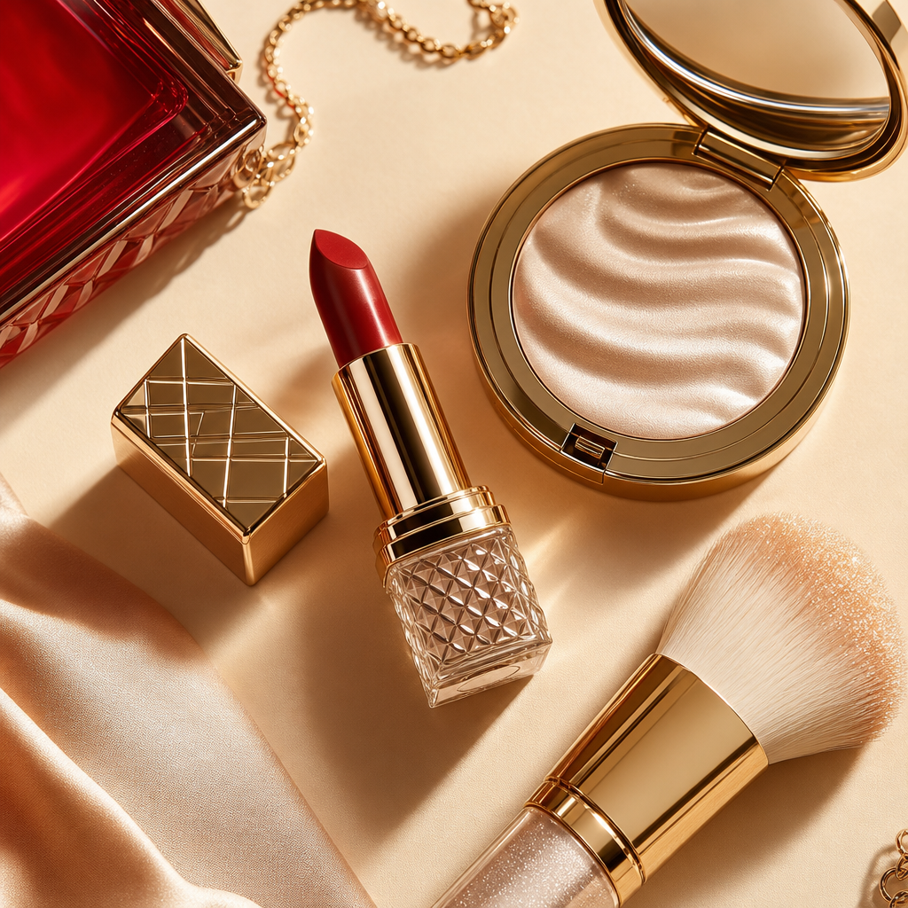 Luxury cosmetics flat lay with a ruby lipstick, pearl compact, and shimmering makeup brush