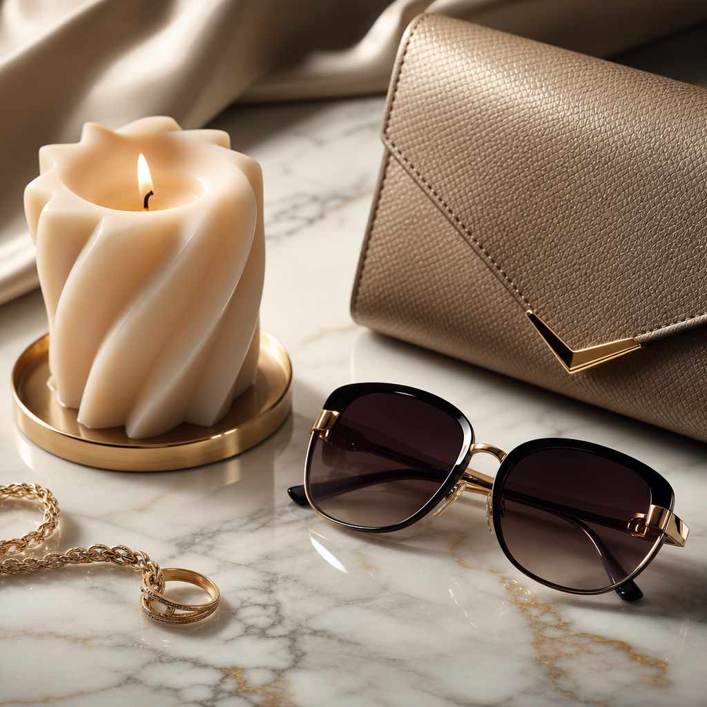 A curated lifestyle scene with a sculptural candle, designer sunglasses, and a textured clutch styled on a marble surface.