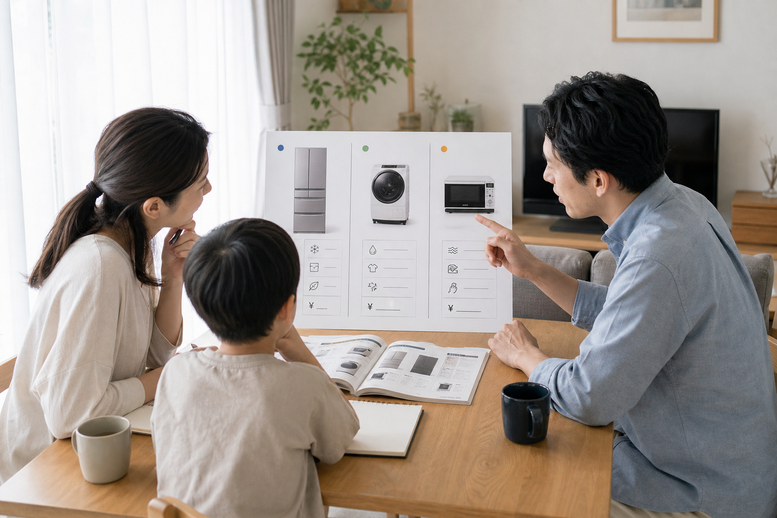 明るい日本の家庭で、冷蔵庫・洗濯機・電子レンジの価格や機能を整理した比較ボードを見ながら家族で相談している様子