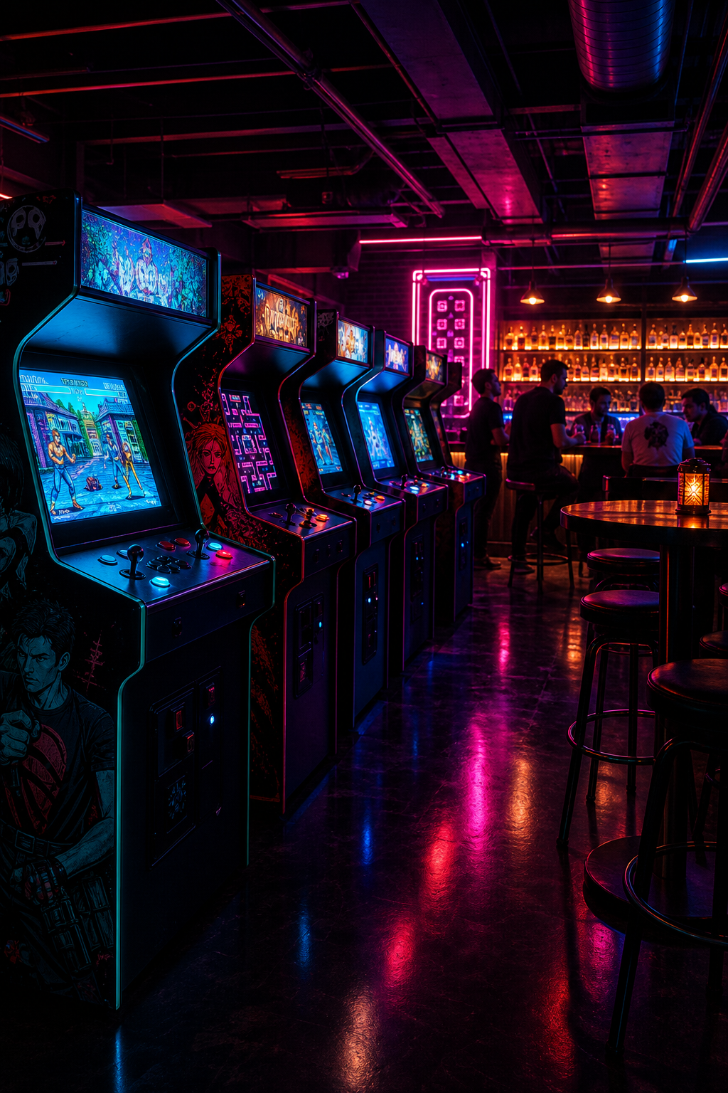 Neon-lit interior of Pixel Pulse with glowing arcade cabinets, cocktail bar lights, and a lively late-night atmosphere