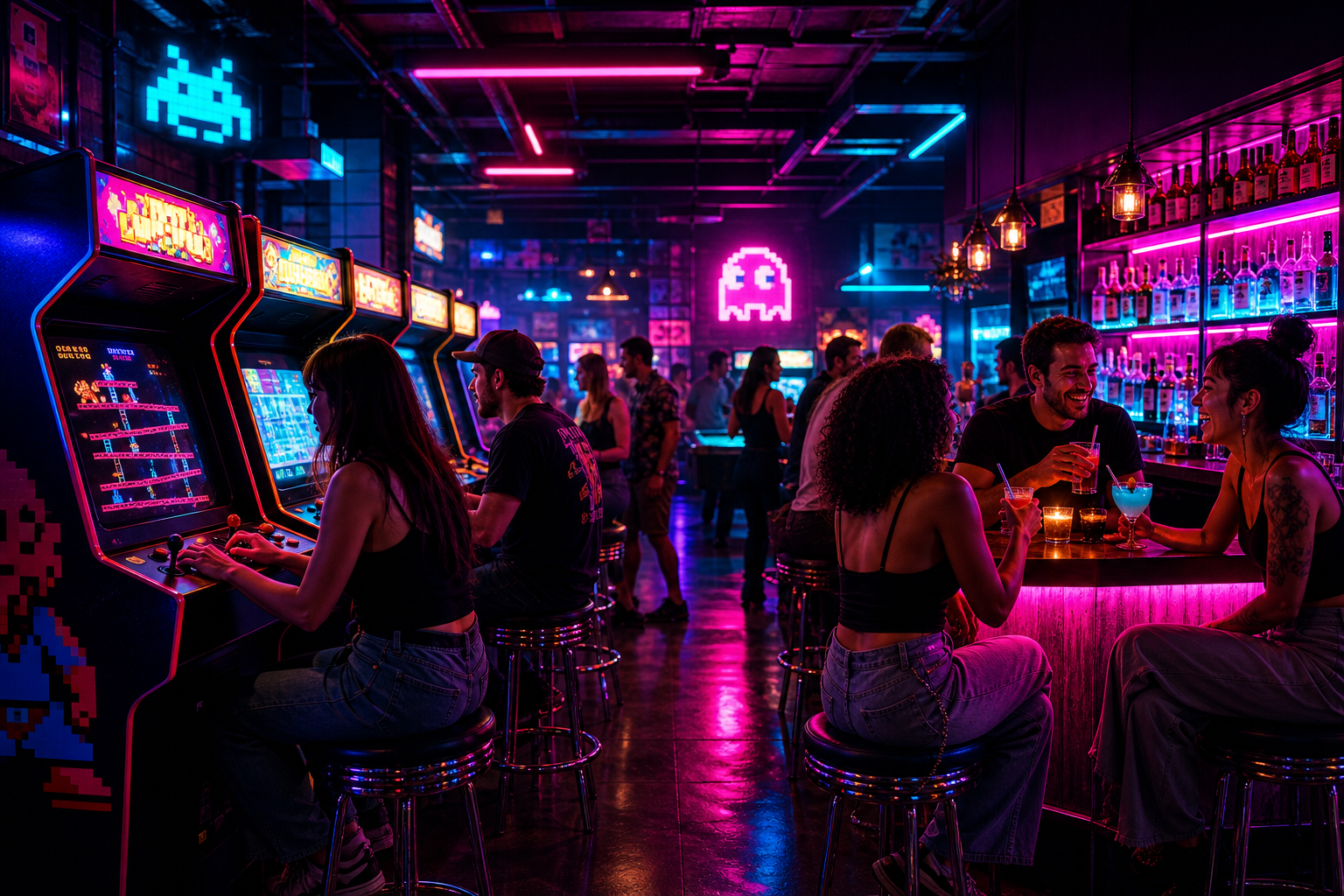 Neon-lit retro arcade bar with glowing cabinets, cocktail bar lighting, and groups of friends enjoying nightlife energy