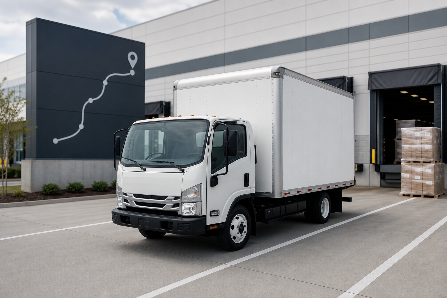 Clean corporate logistics scene with a white medium box truck on a loading lane, subtle route lines, palletized freight, and a modern warehouse facade in soft daylight