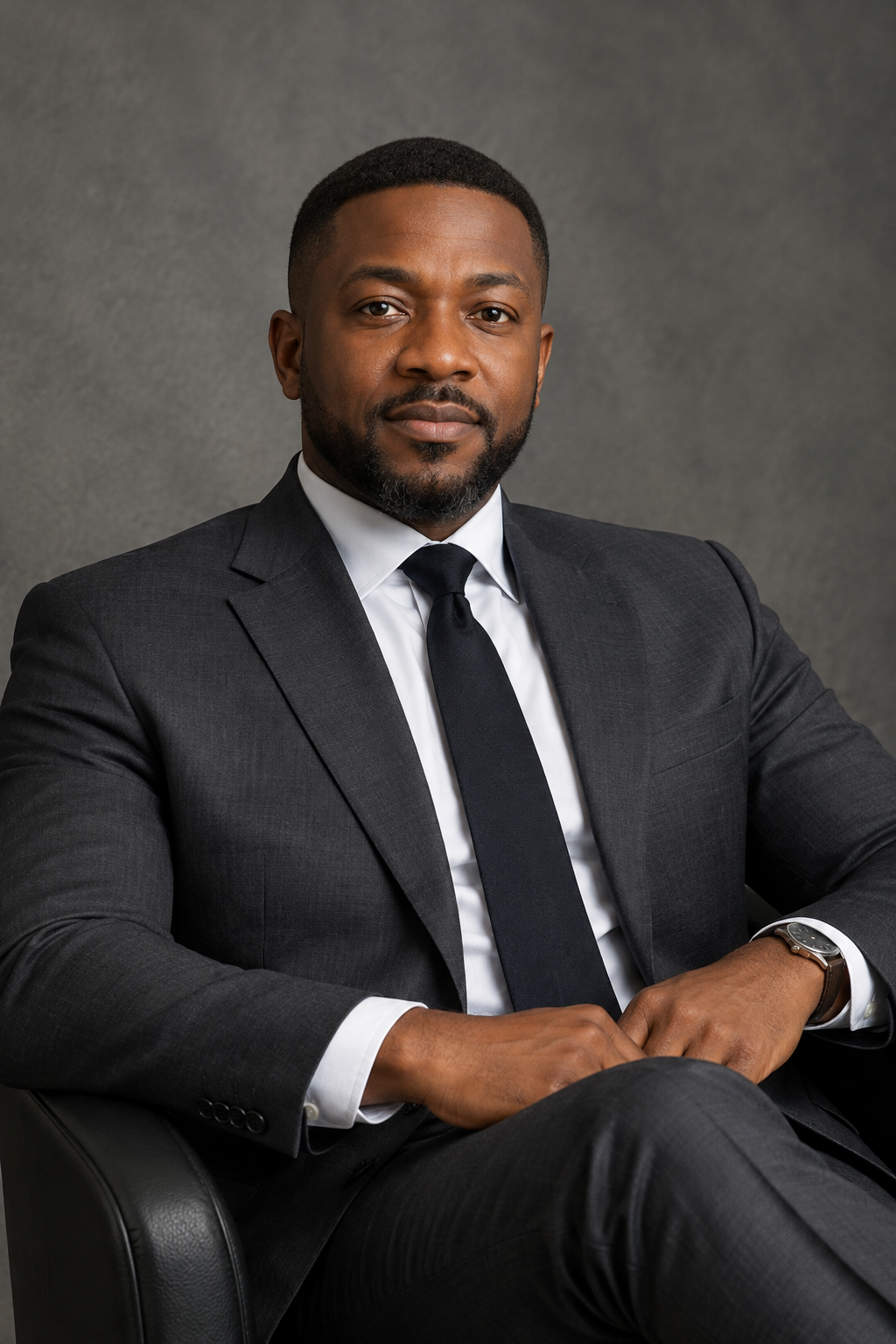 Formal editorial portrait of Mubarak Ayomide in a tailored dark suit, composed expression, neutral studio backdrop