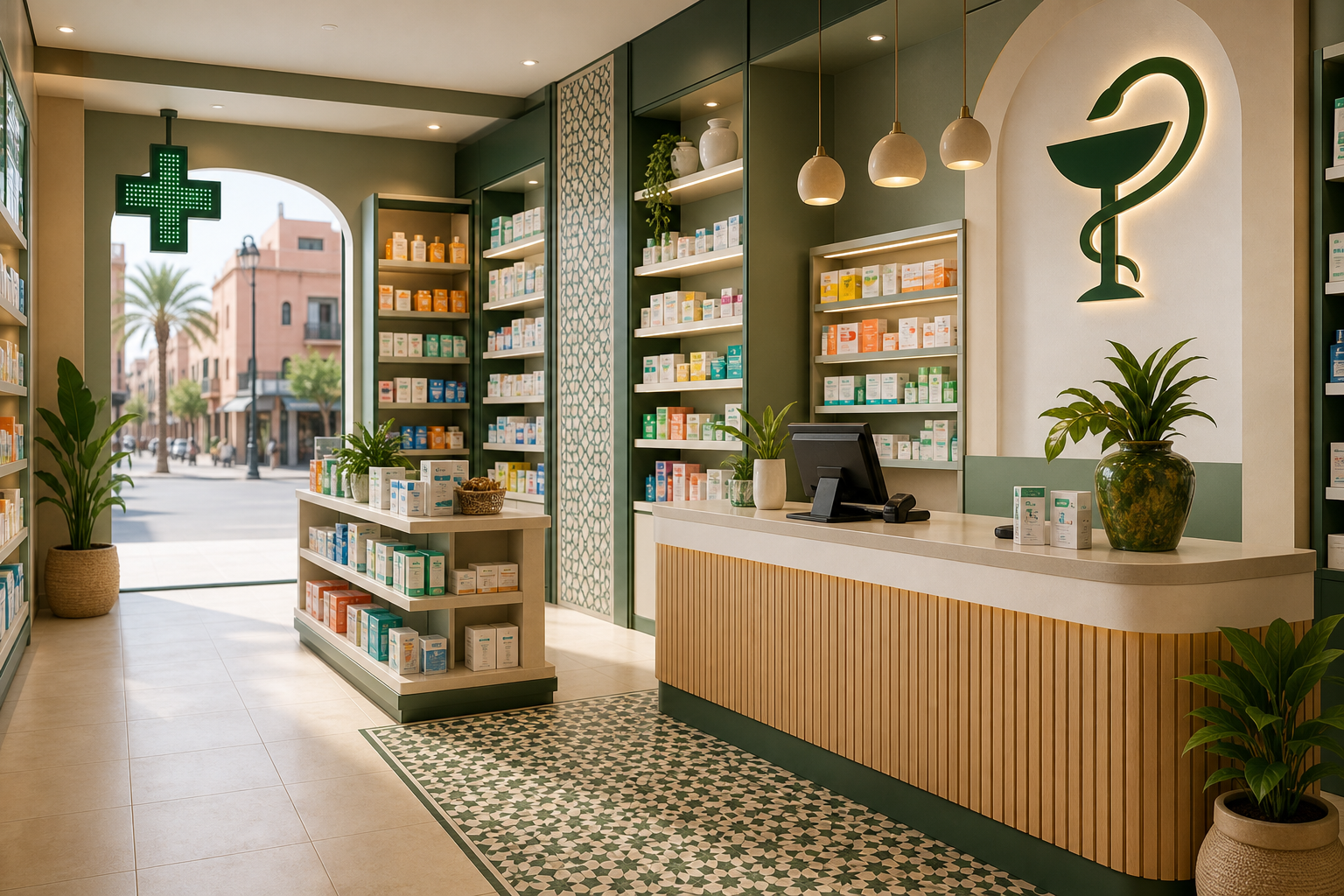 Marokkaanse apotheek in stedelijke omgeving met heldere verlichting en rustige sfeer