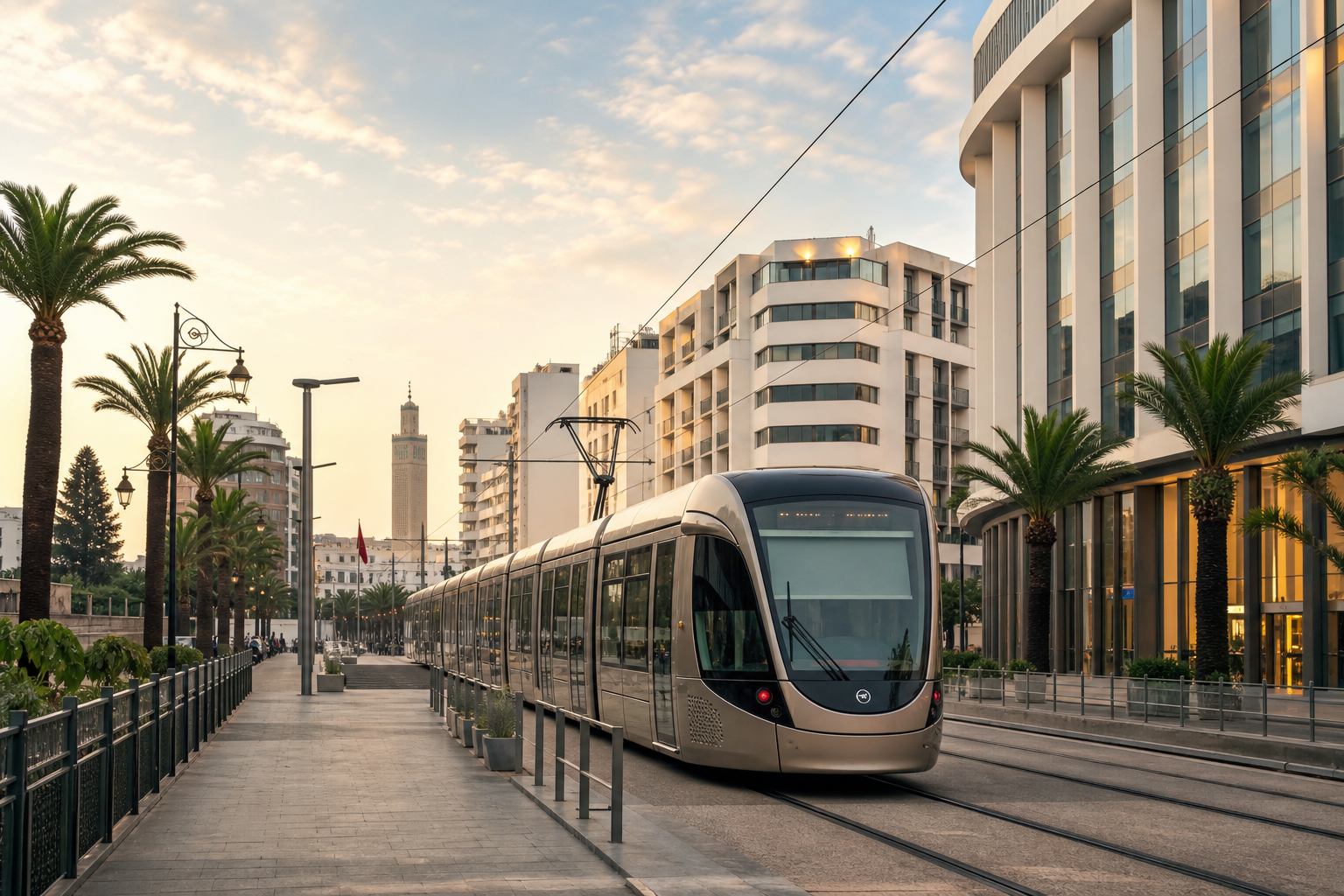 Tram in Casablanca met moderne architectuur en zachte avondlucht
