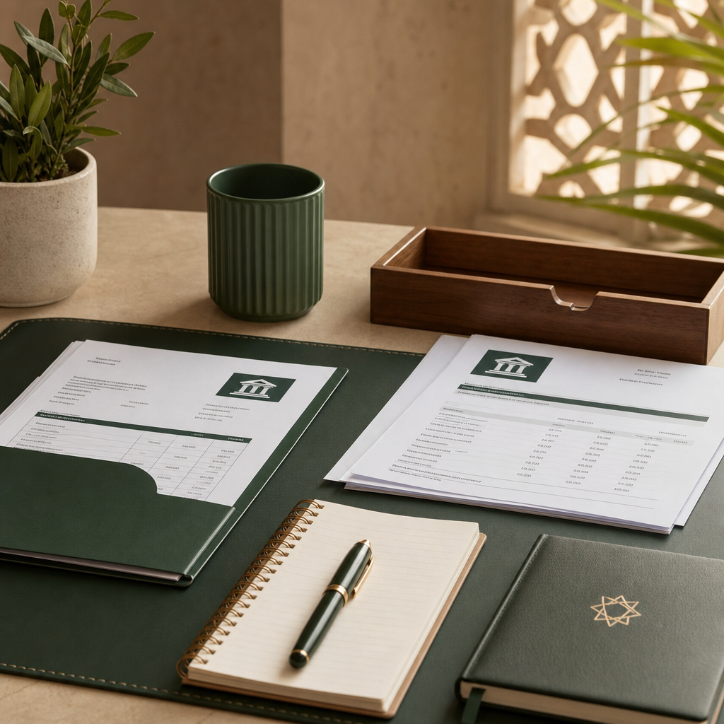 Detail van een bureau met bankdocumenten en zachte groene sfeer