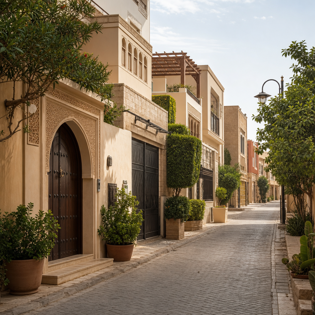 Stille straat met moderne en traditionele huizen in warme zandtinten