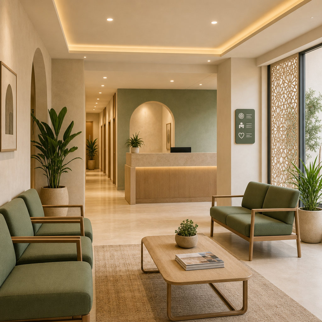 Kalm kliniekinterieur met zachte verlichting en moderne wachtruimte