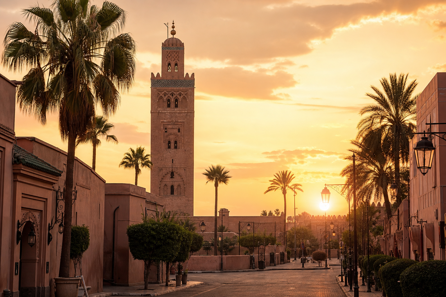 Zonsondergang bij de Koutoubia-moskee in Marrakech met warme zandkleuren en rustige stadssfeer