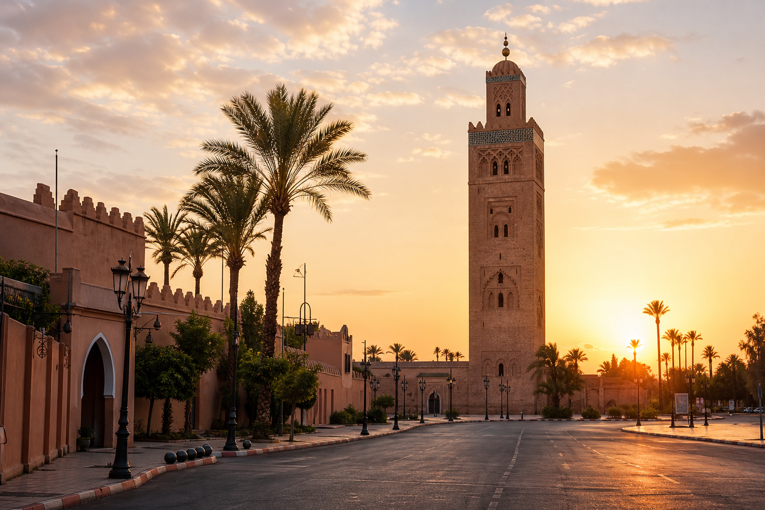 Zonsopgang bij de Koutoubia in Marrakech met warme lichtval en rustige straat