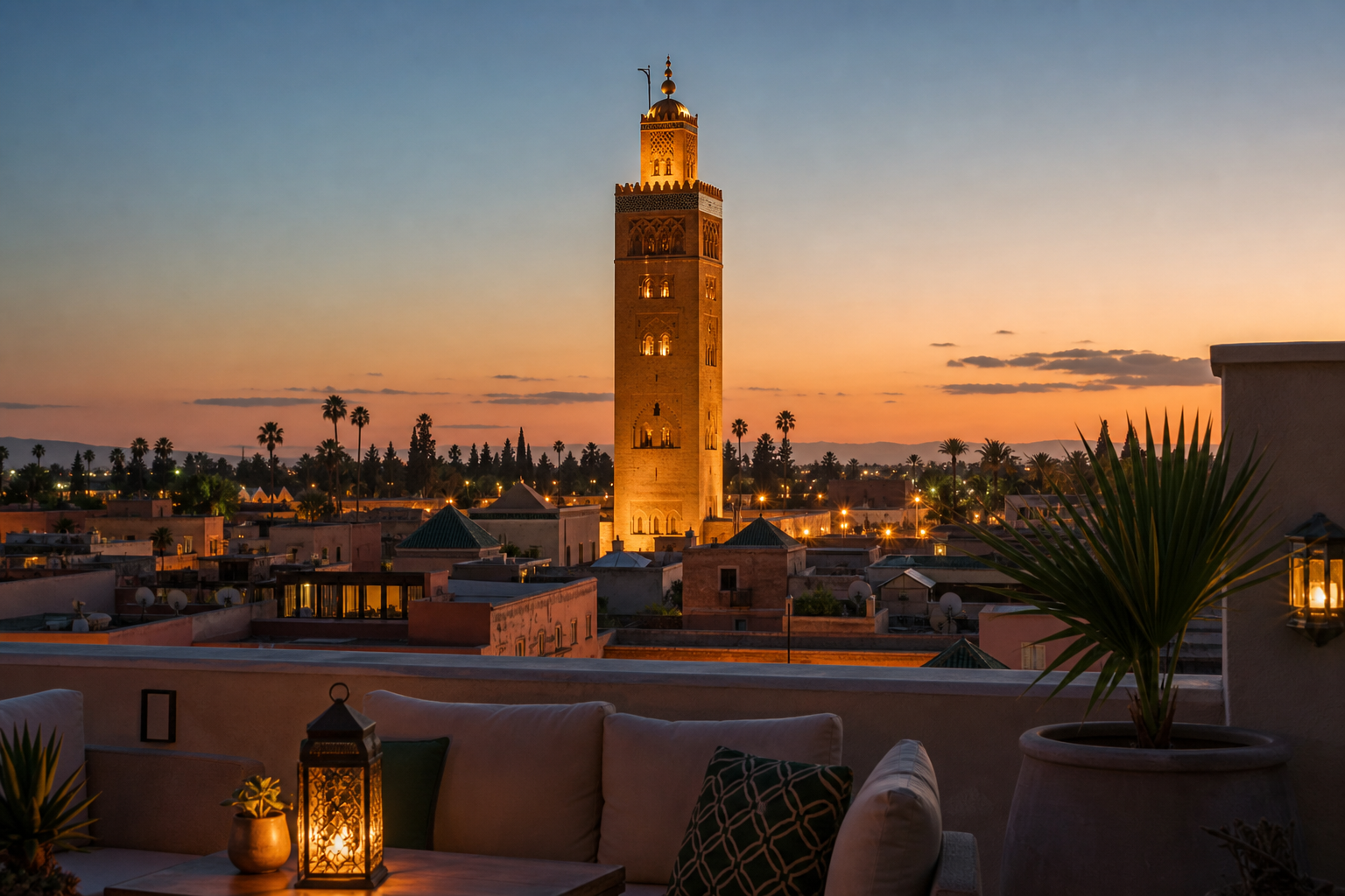 Avondzicht op de Koutoubia-moskee in Marrakech met warme verlichting en rustige stadsdaken