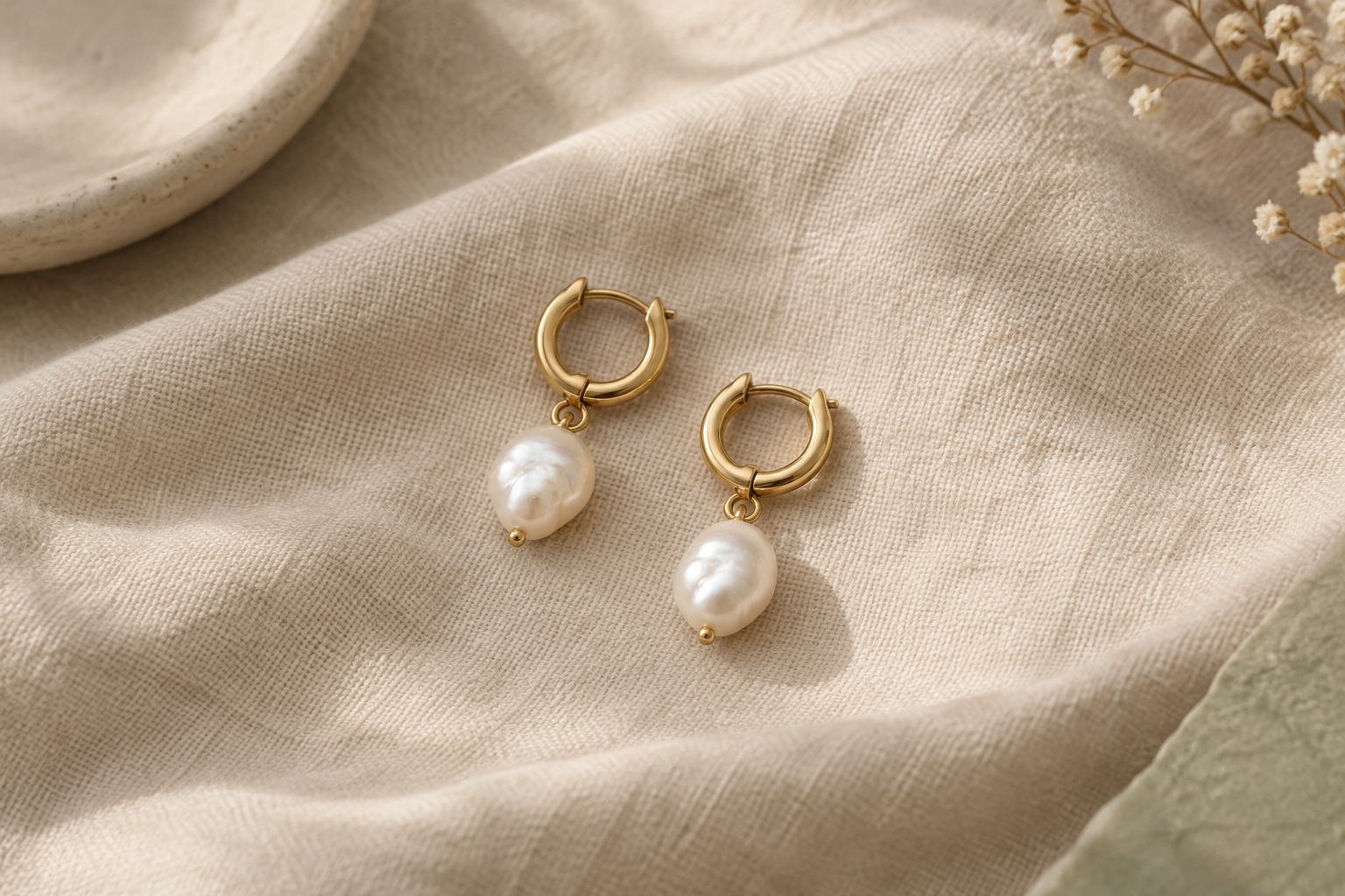 A pair of small gold hoop earrings with irregular freshwater pearl drops on folded linen