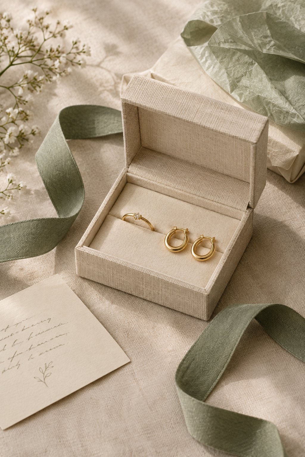Handcrafted jewelry in an open linen-covered gift box, with wrapped ribbon and a handwritten card beside it
