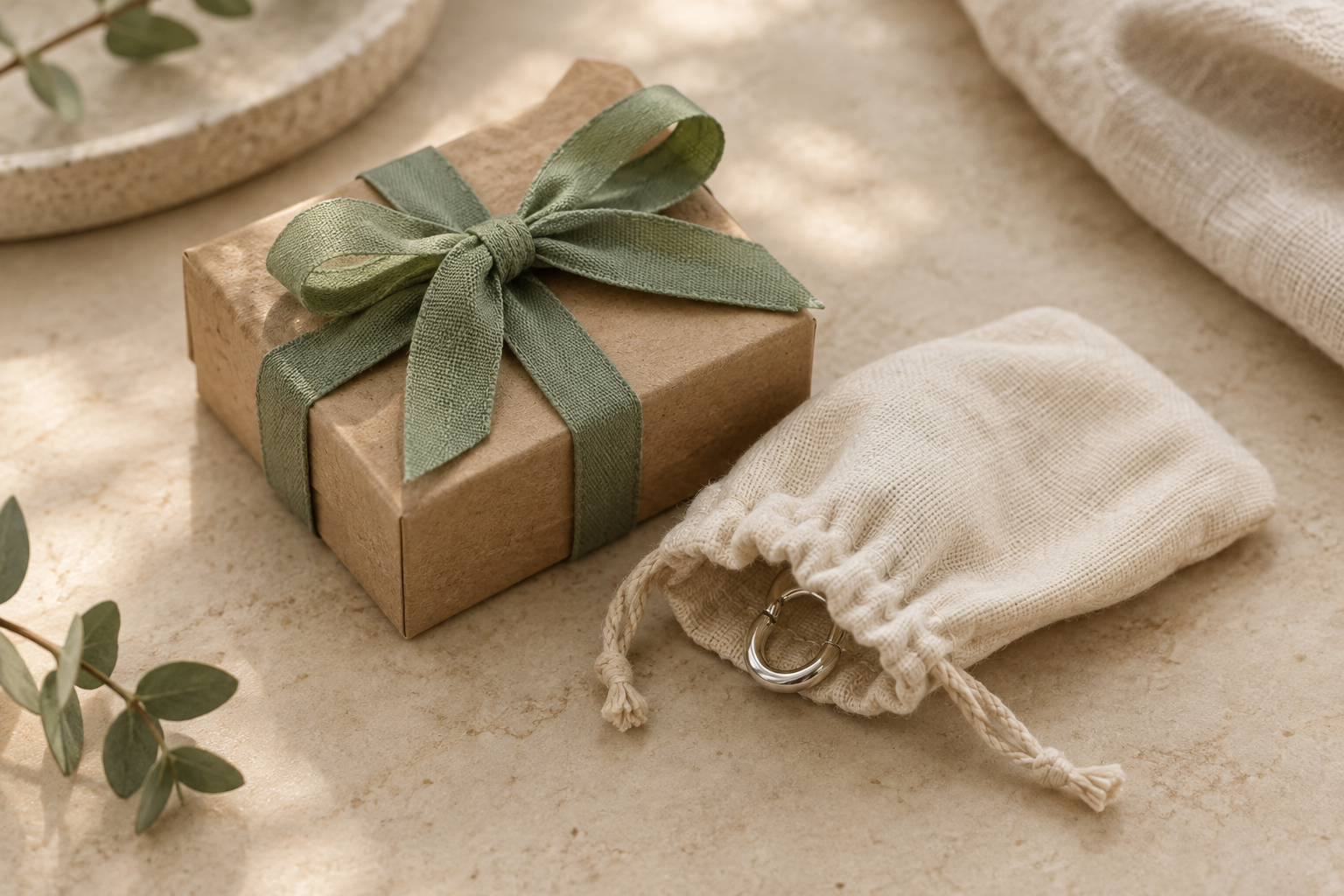 A kraft jewelry box with a sage ribbon and linen pouch on a warm neutral tabletop