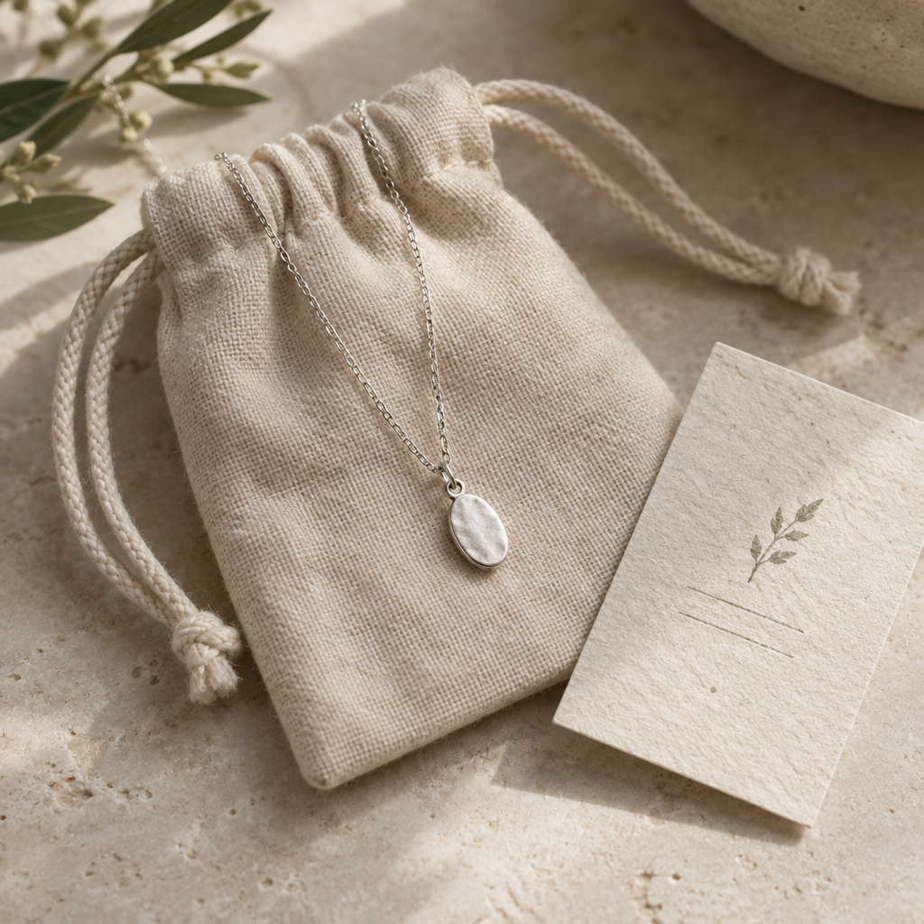 A soft natural cotton jewelry pouch with a delicate silver necklace and a small care card