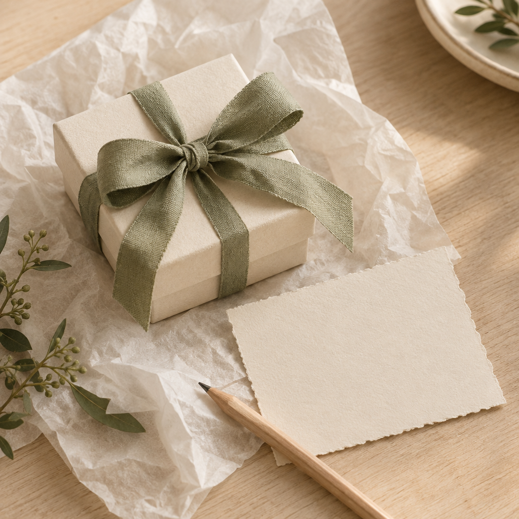 A small paper jewelry box tied with sage ribbon, resting beside textured wrapping paper and a blank gift-note card