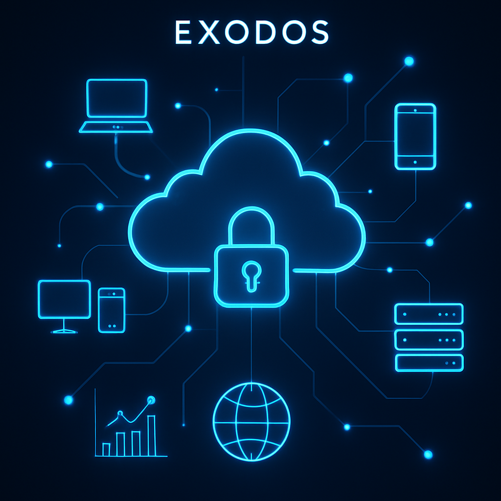 Digital cloud and network diagram with secure connections, illustrating Exodos' vision for digital transformation