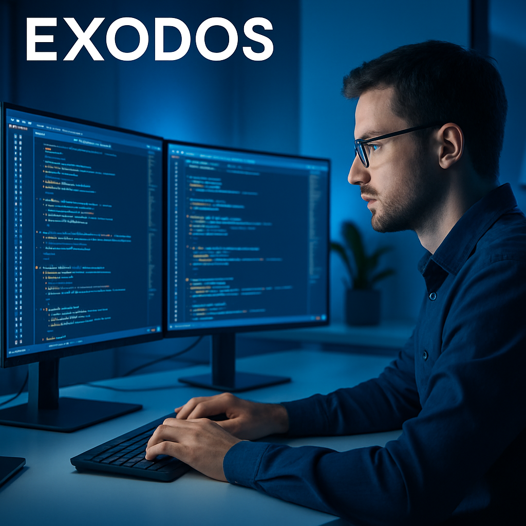 Software developer writing code on modern screens, representing Exodos' software engineering capabilities
