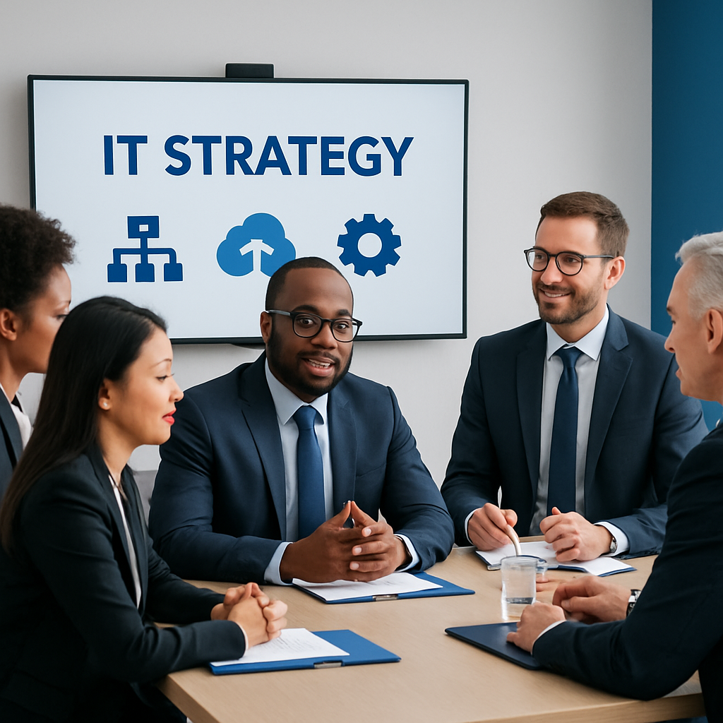 Corporate meeting scene with diverse professionals discussing IT strategy, reflecting Exodos' client engagement