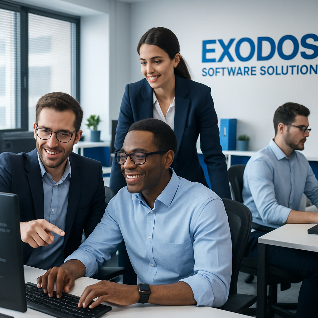 Professional team collaborating at workstations, symbolizing expertise and teamwork at Exodos Software Solution