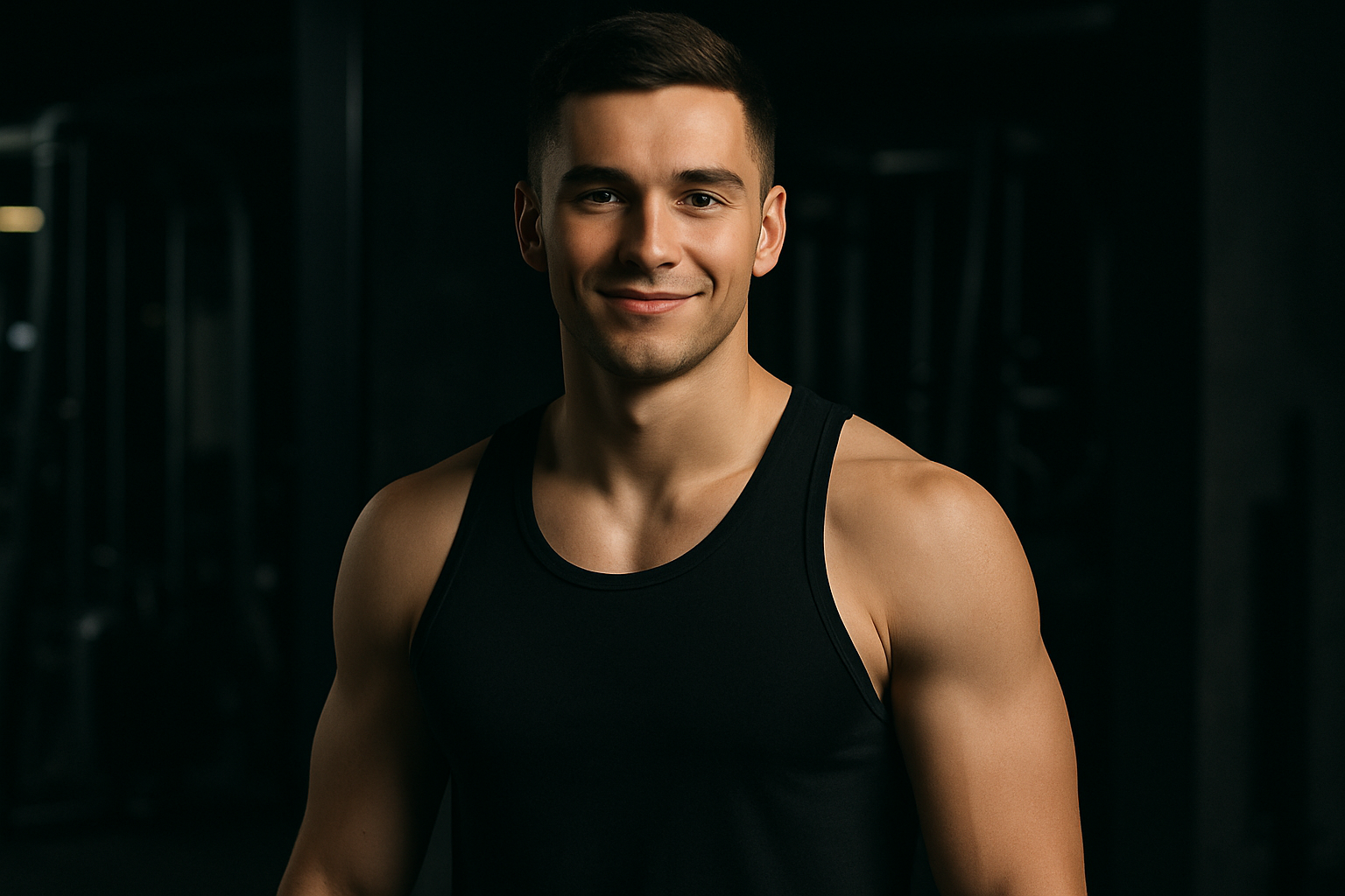 Confident young man posing in gym mirror showing toned upper body