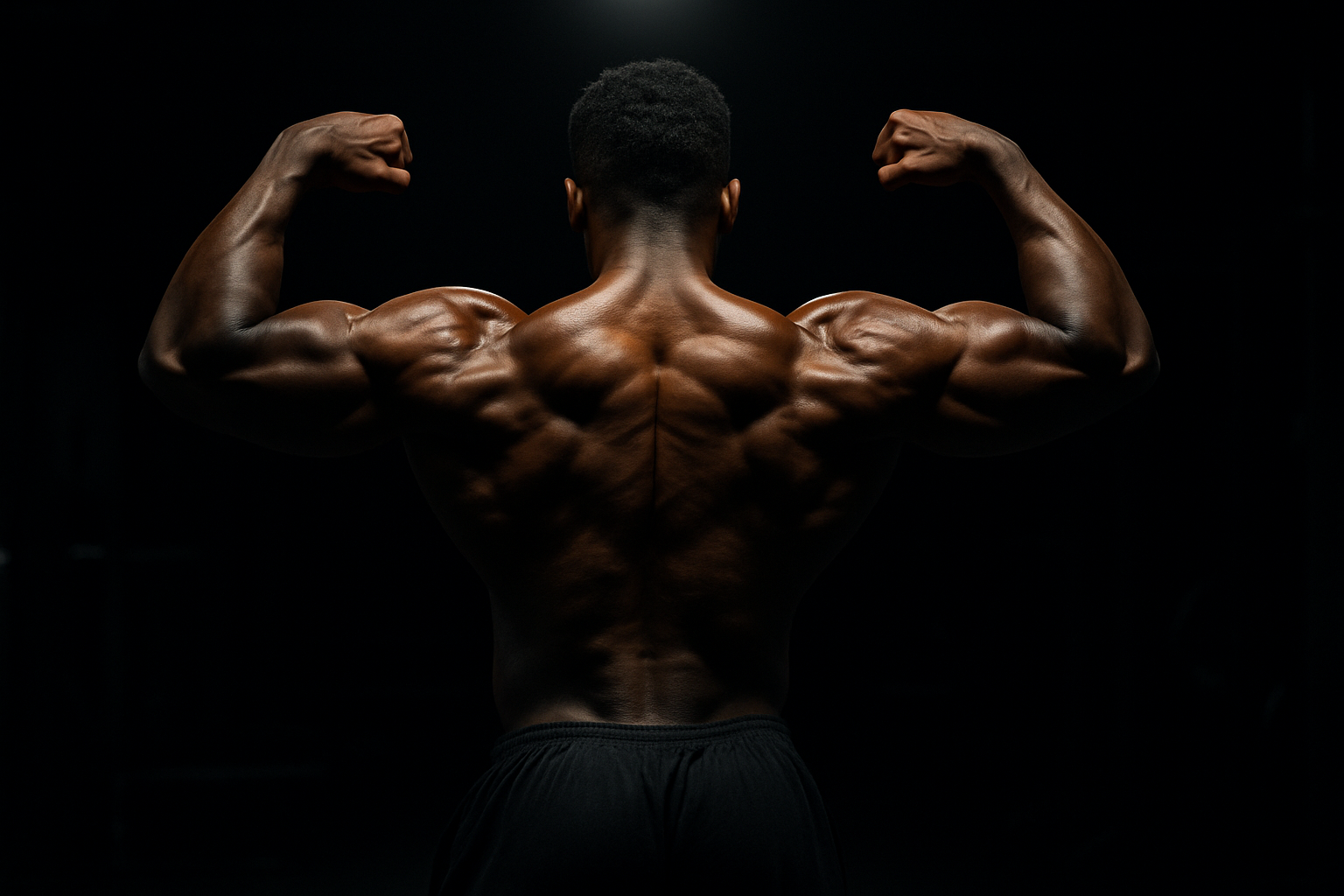 Muscular man flexing back muscles showing significant muscle gain