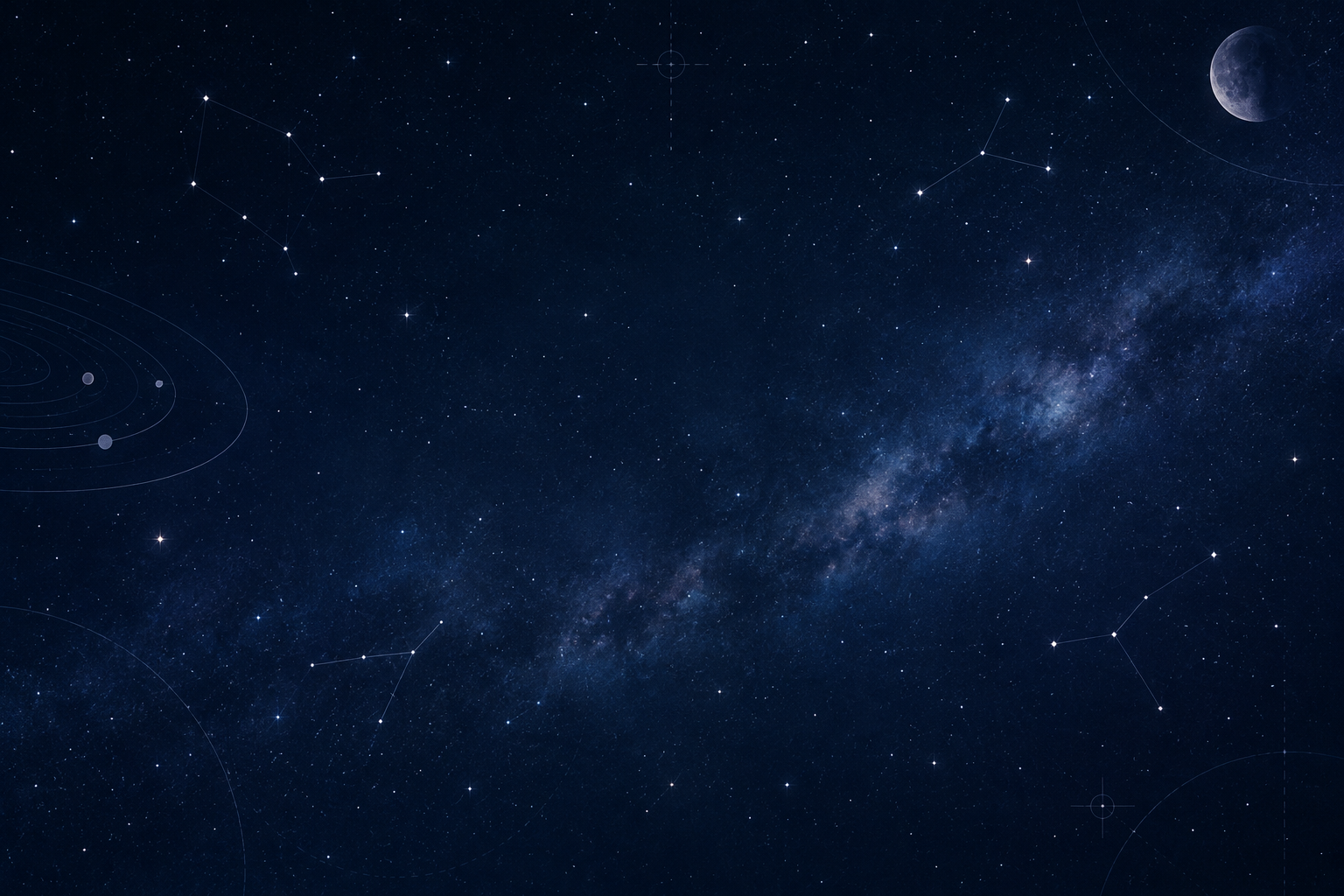 Calm deep-night sky panorama with faint stars, wispy nebula haze, and subtle scientific atmosphere