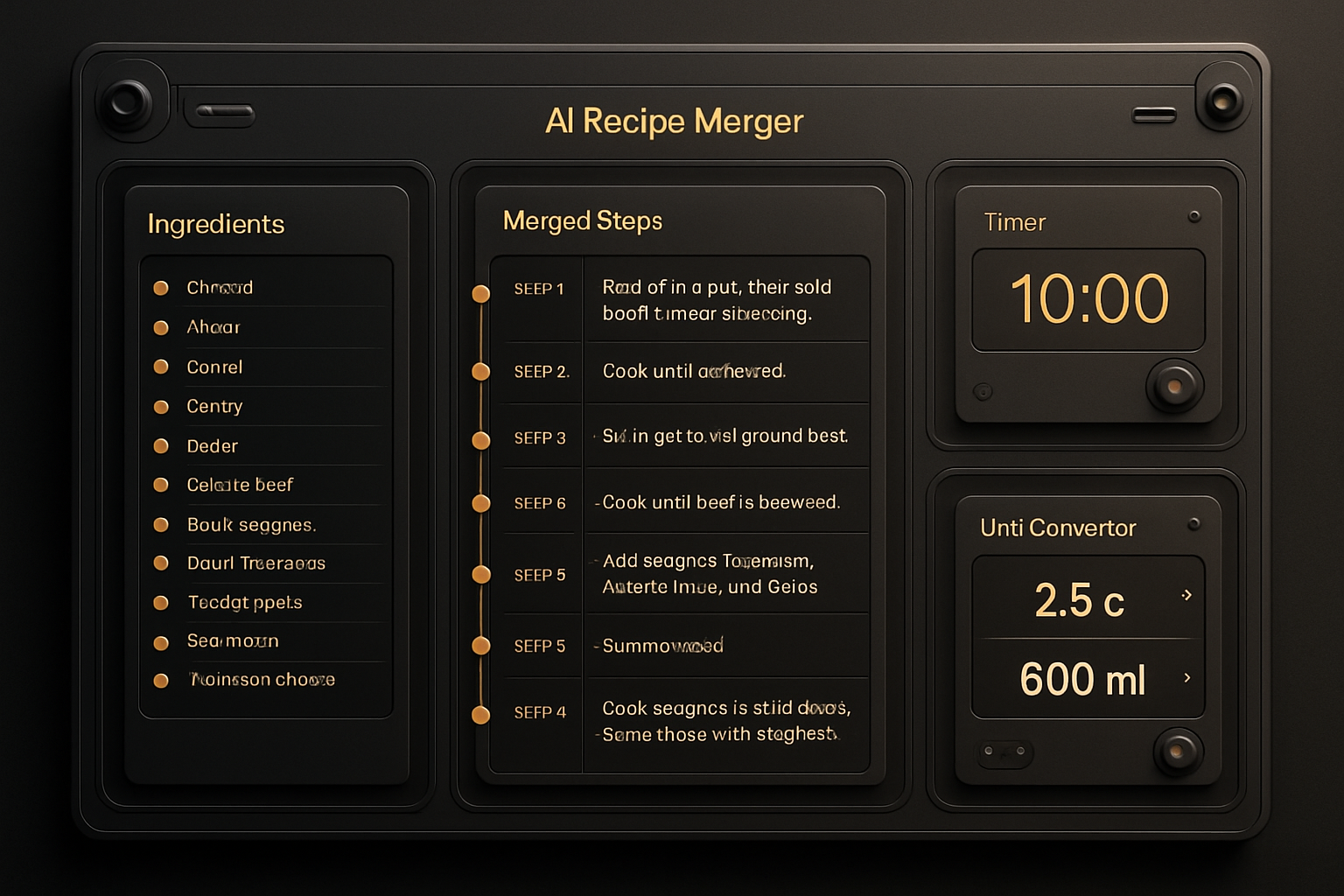 CookFlow dashboard showing an AI recipe merger with timeline lanes, ingredient matrix, and offline cooking tools