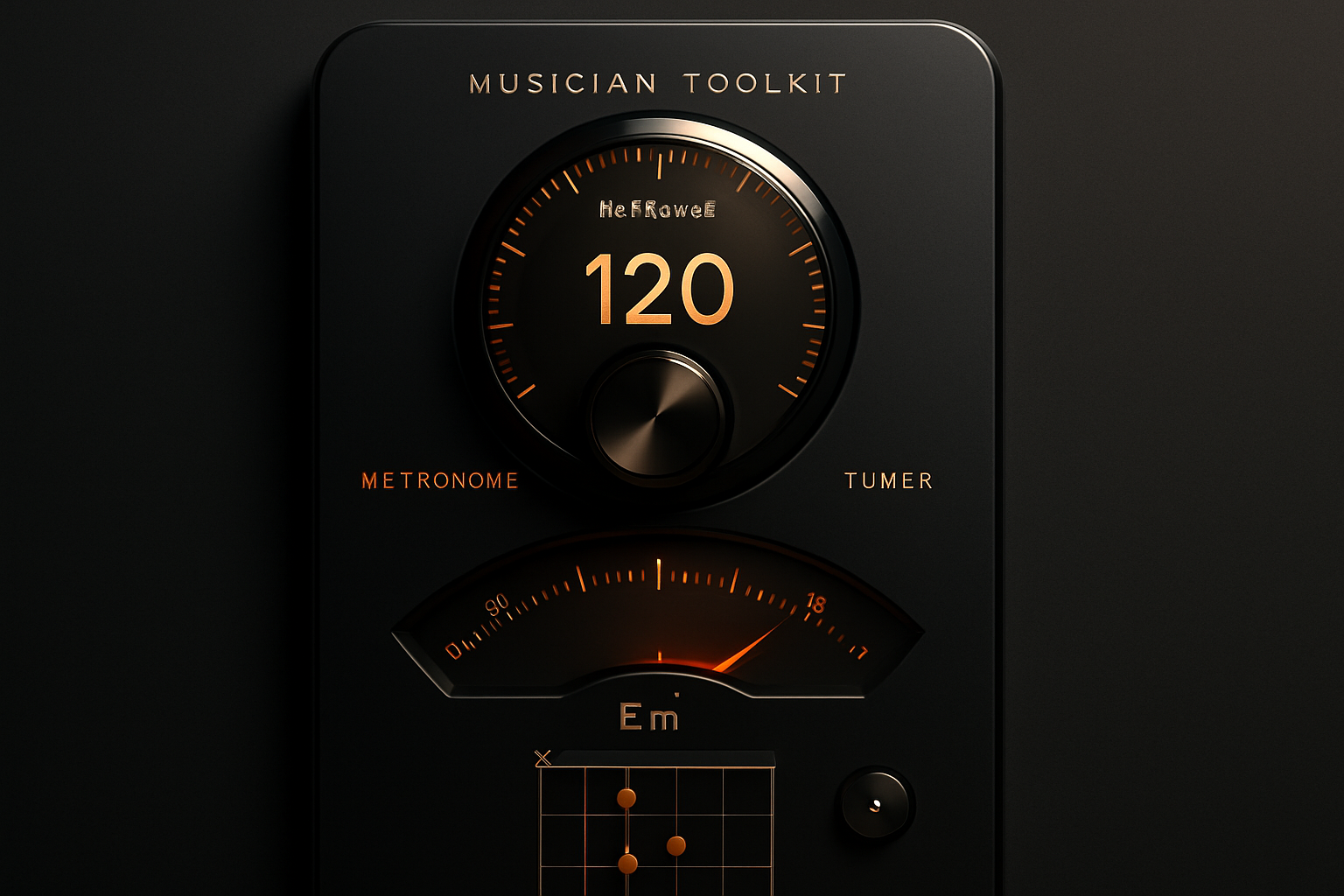 Tactile UI with polished-stone knobs and industrial craft-inspired musician utilities for the DIAL pro music theory interface, featuring hardware-style dial controls, precision tuner meter, metronome tempo readout, and chord grid