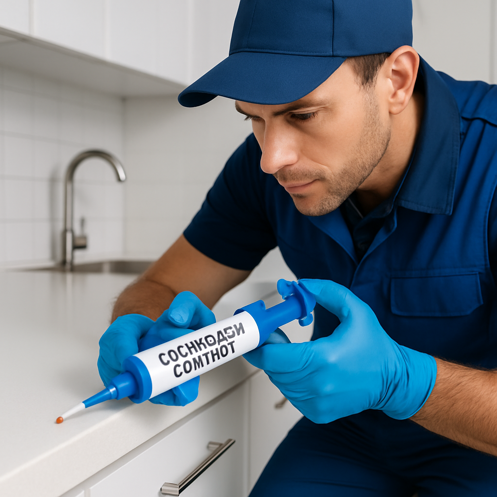 close-up professional cockroach control treatment showing a technician applying gel bait in a modern kitchen, clean premium look