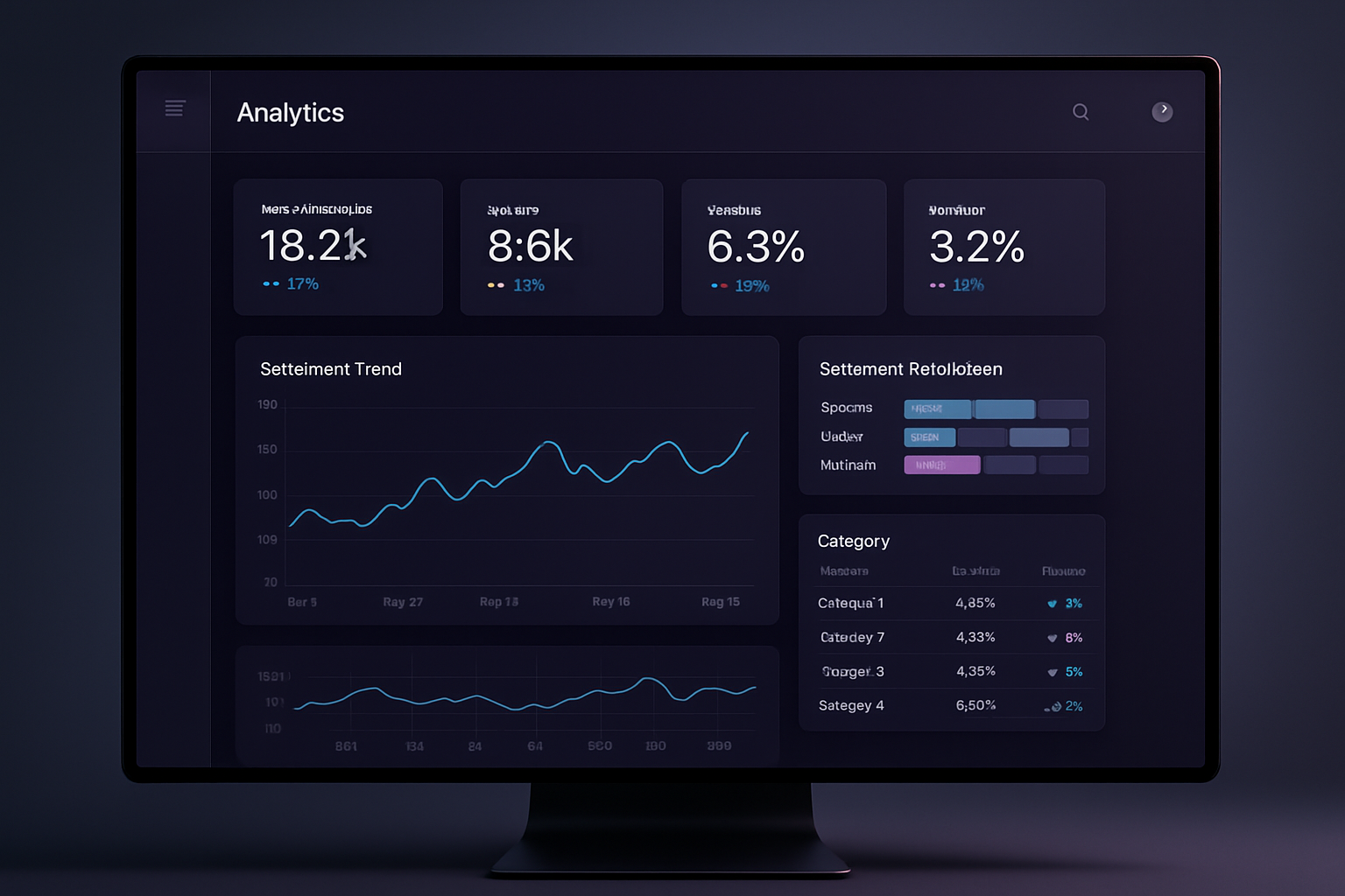 Interactive enterprise analytics dashboard screenshot with KPI cards, trend charts, and sentiment analysis panel