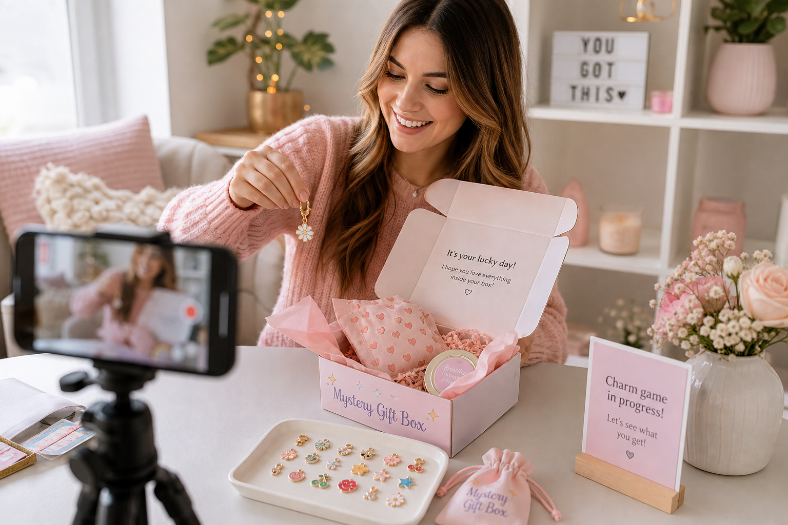 Creator filming a charm game beside a pastel gift box with small trinkets and charms on a cozy desk