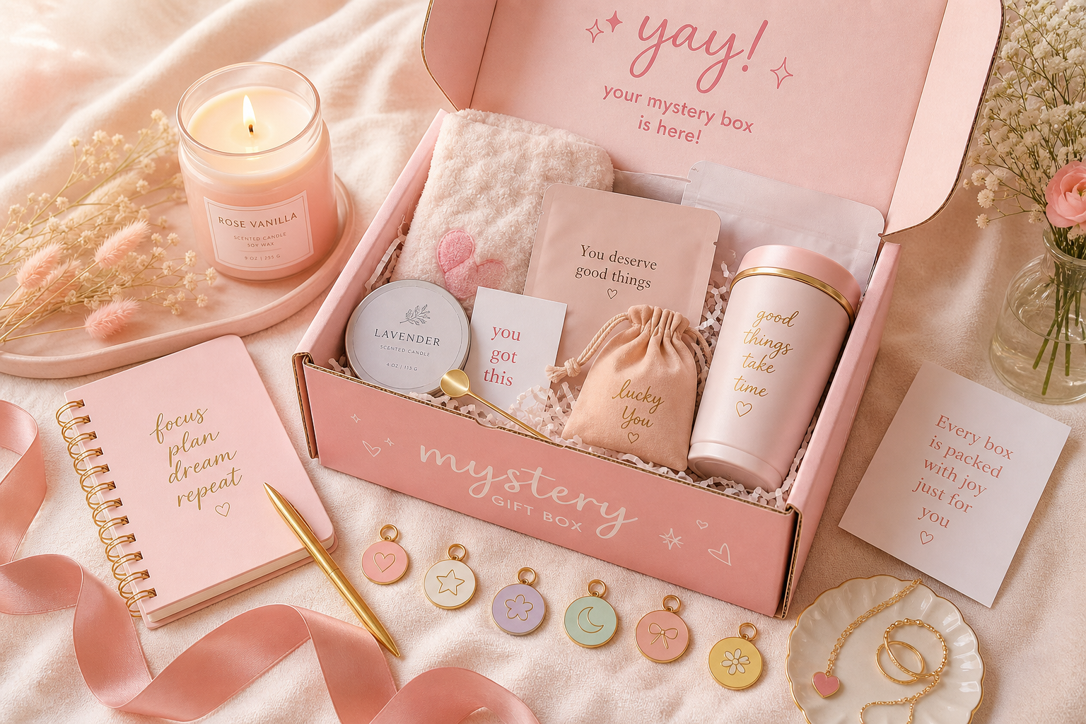 Bright, feminine flat-lay of a pink gift box with pastel accessories, charm tokens, and cozy items on a soft fabric background