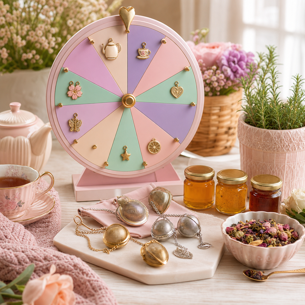 Pastel pie wheel with eight rounded segments, delicate marble pie icons, and a small golden pointer at the top