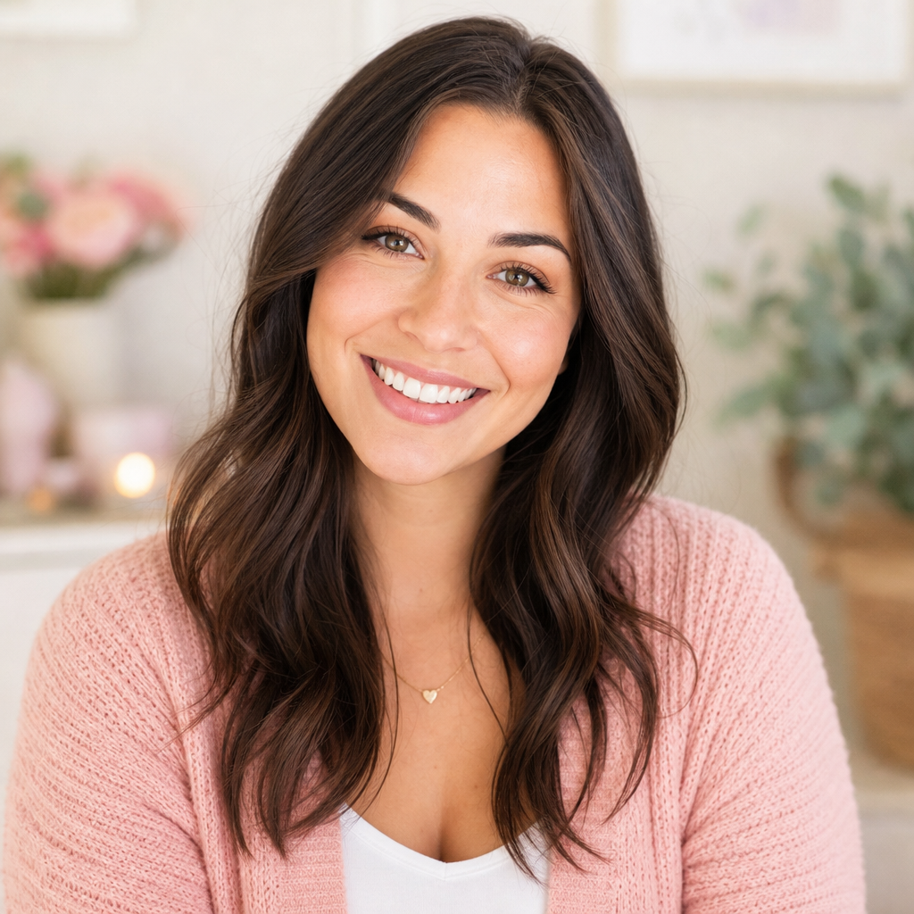 Smiling woman with long dark hair wearing a soft pink cardigan
