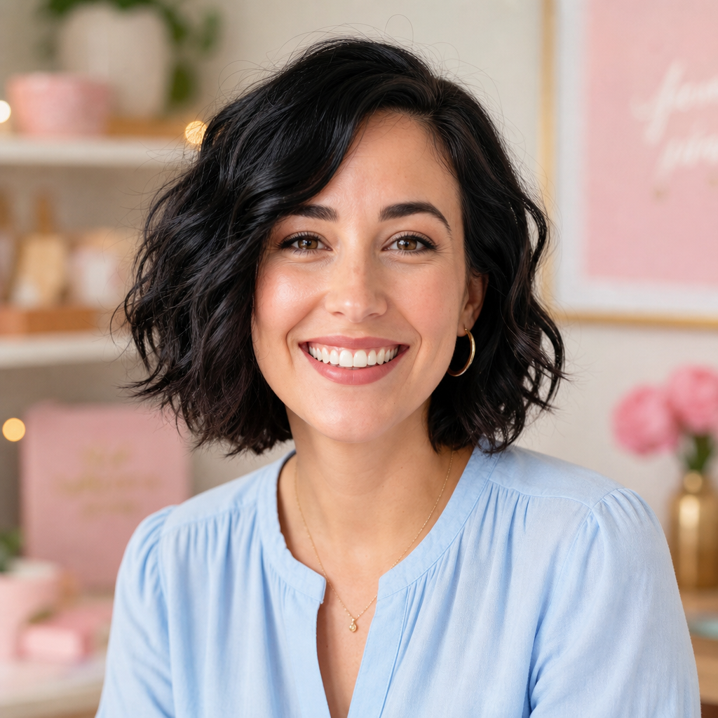 Woman with short wavy hair wearing a light blue blouse