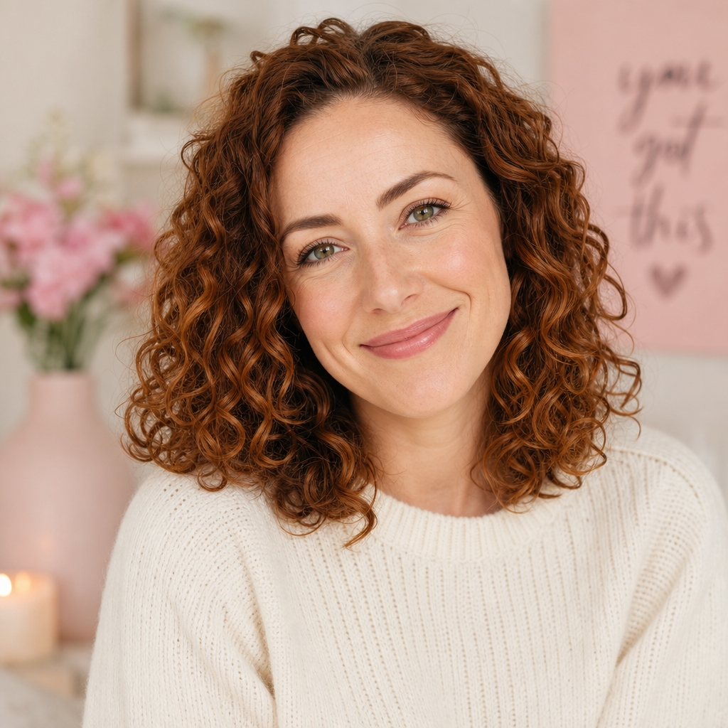 Woman with curly auburn hair wearing a cream sweater