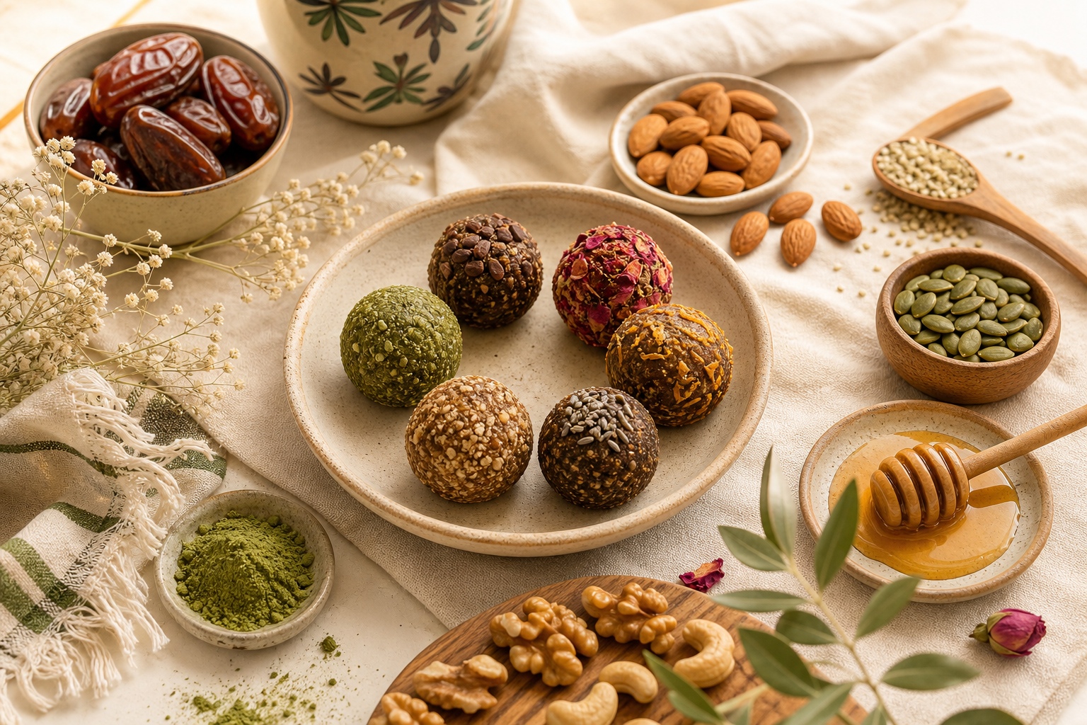Warm, natural flat lay of adaptogen energy bites made with dates, nuts, seeds, and honey on a linen cloth with Lebanese-inspired ceramic accents