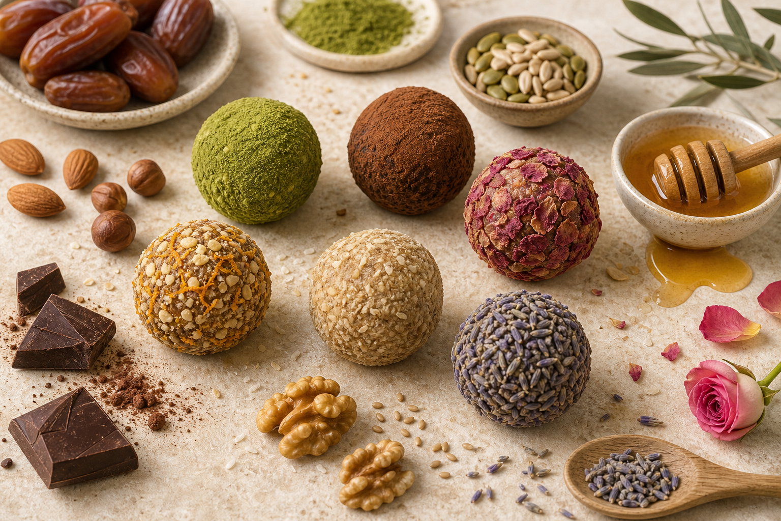 Assortment of ZĀD adaptogen energy bites in warm earthy tones with matcha green, cacao brown, rose pink, orange zest, banana cream, and lavender accents